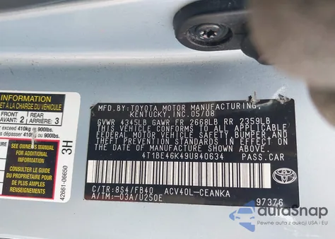 2009 Toyota Camry Le из США, поврежденный, VIN 4T1BE46K49U840634